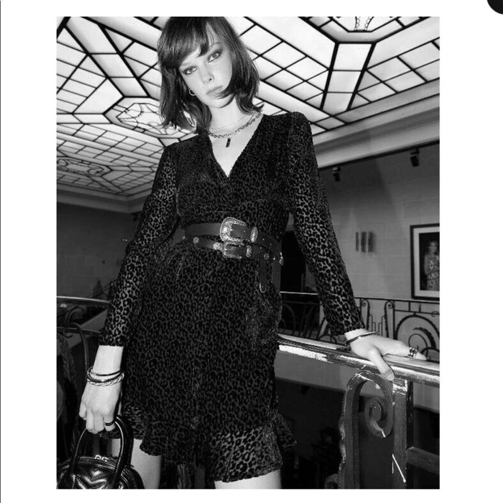 The Kooples Velvet Dress Flocked Leopard Long Sleeve Smockin Back Black Mini Med